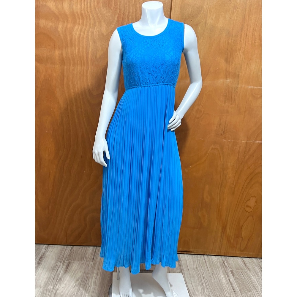 Magic Womens Blue Lace Pleated Maxi Dress Size S Sleeveless Formal Party